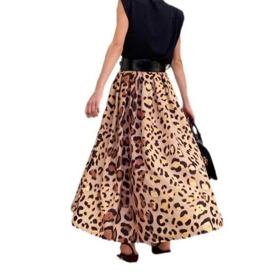 Brown leopard print women's A-line long skirt with elastic waist and big hem detailing