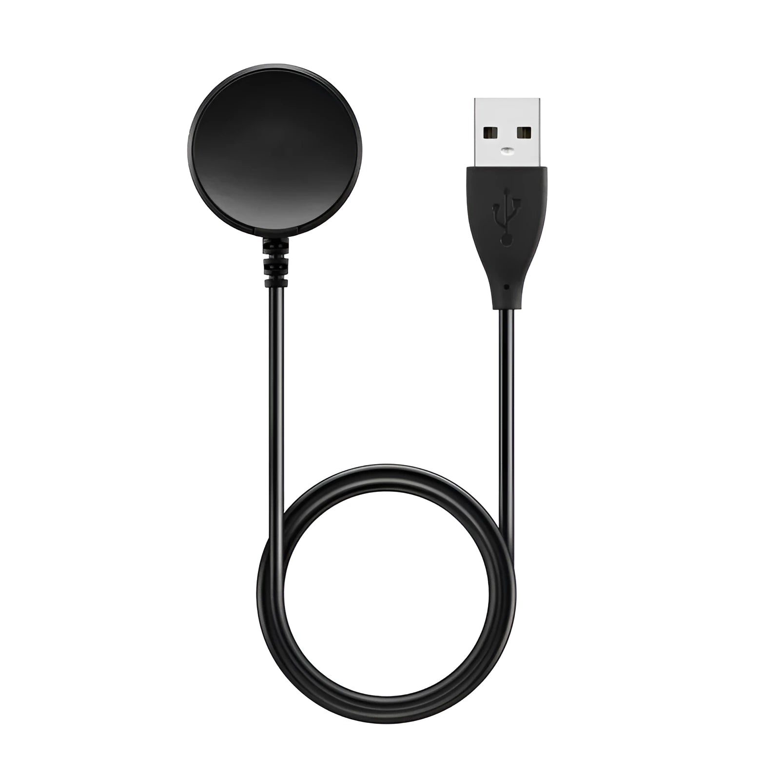 Black plastic USB watch charger measuring 34mm by 10mm with integrated charging cable