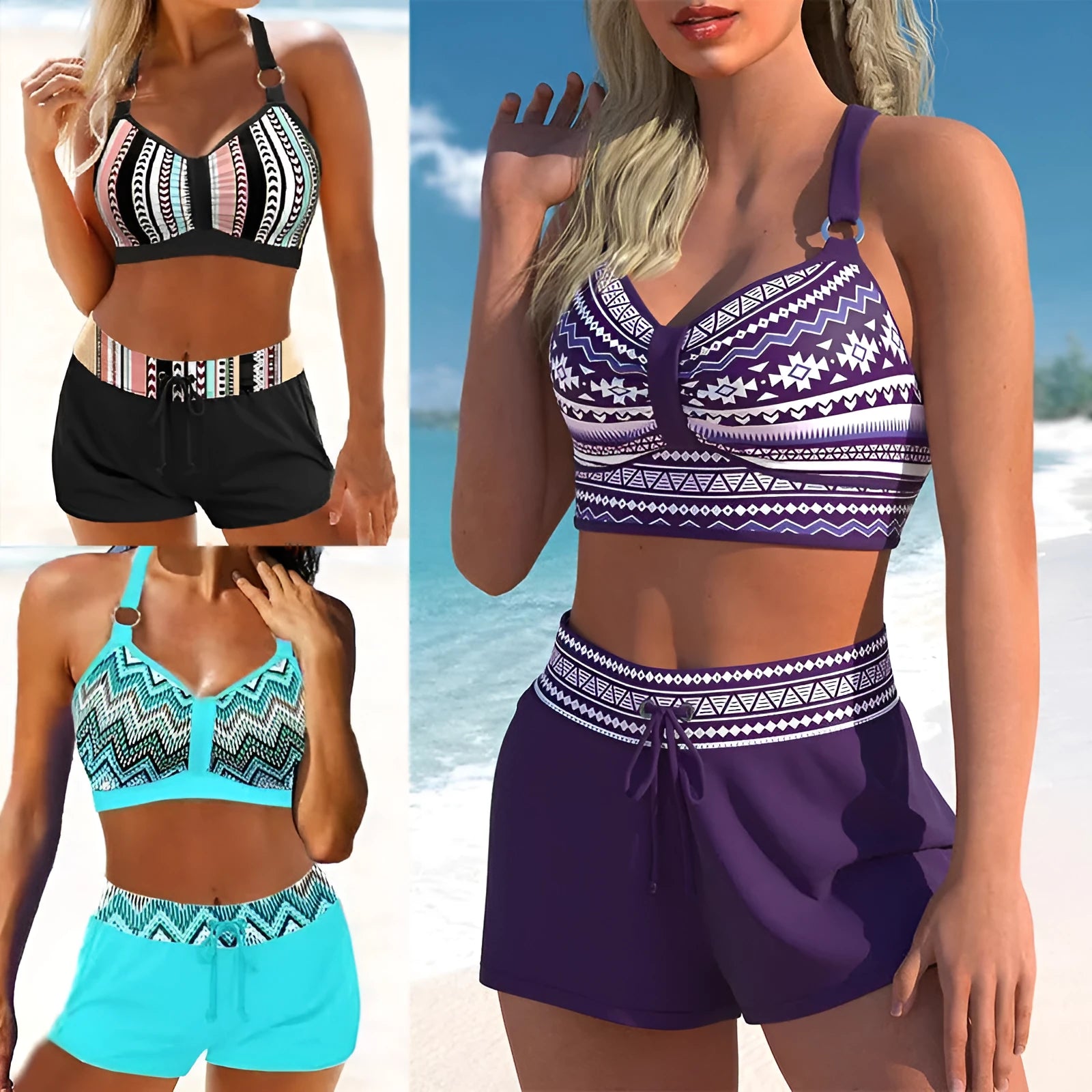 Women's navy blue and print two-piece bikini swimsuit made from polyester.