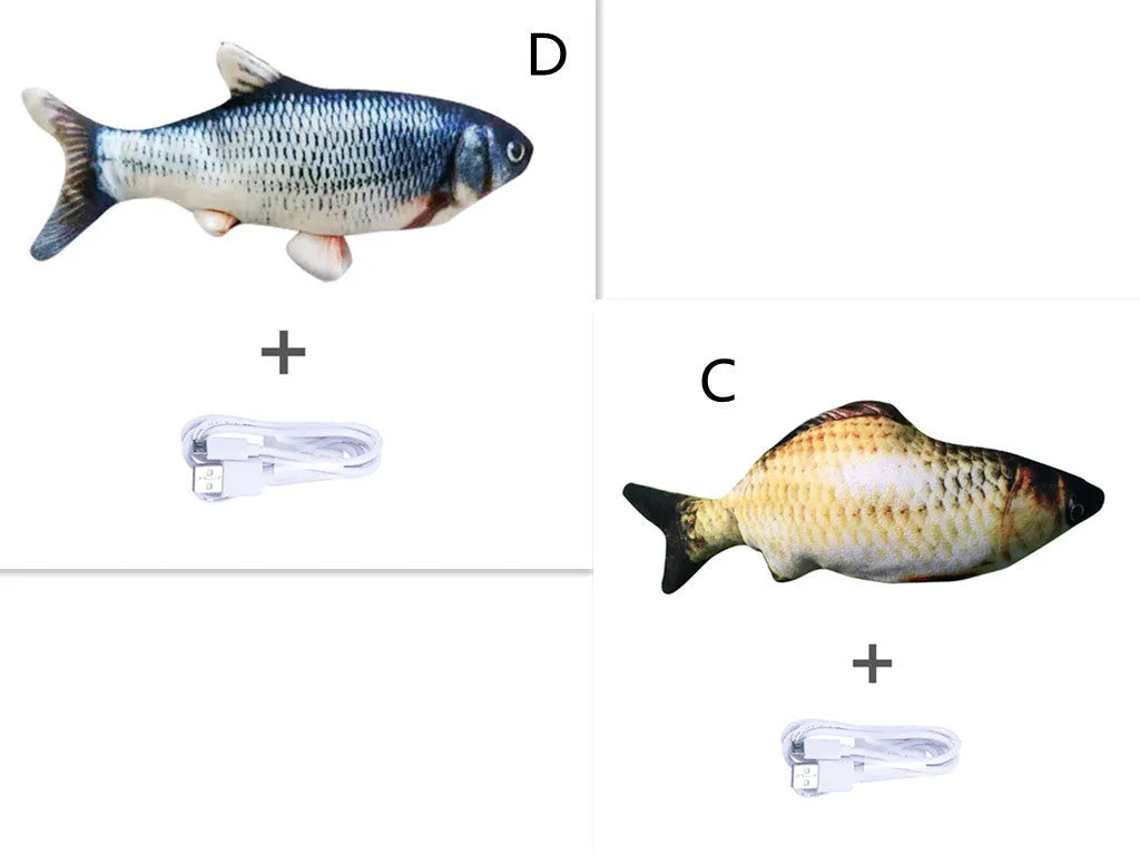 Multicolor USB rechargeable electric jumping fish cat toy measuring 30cm long