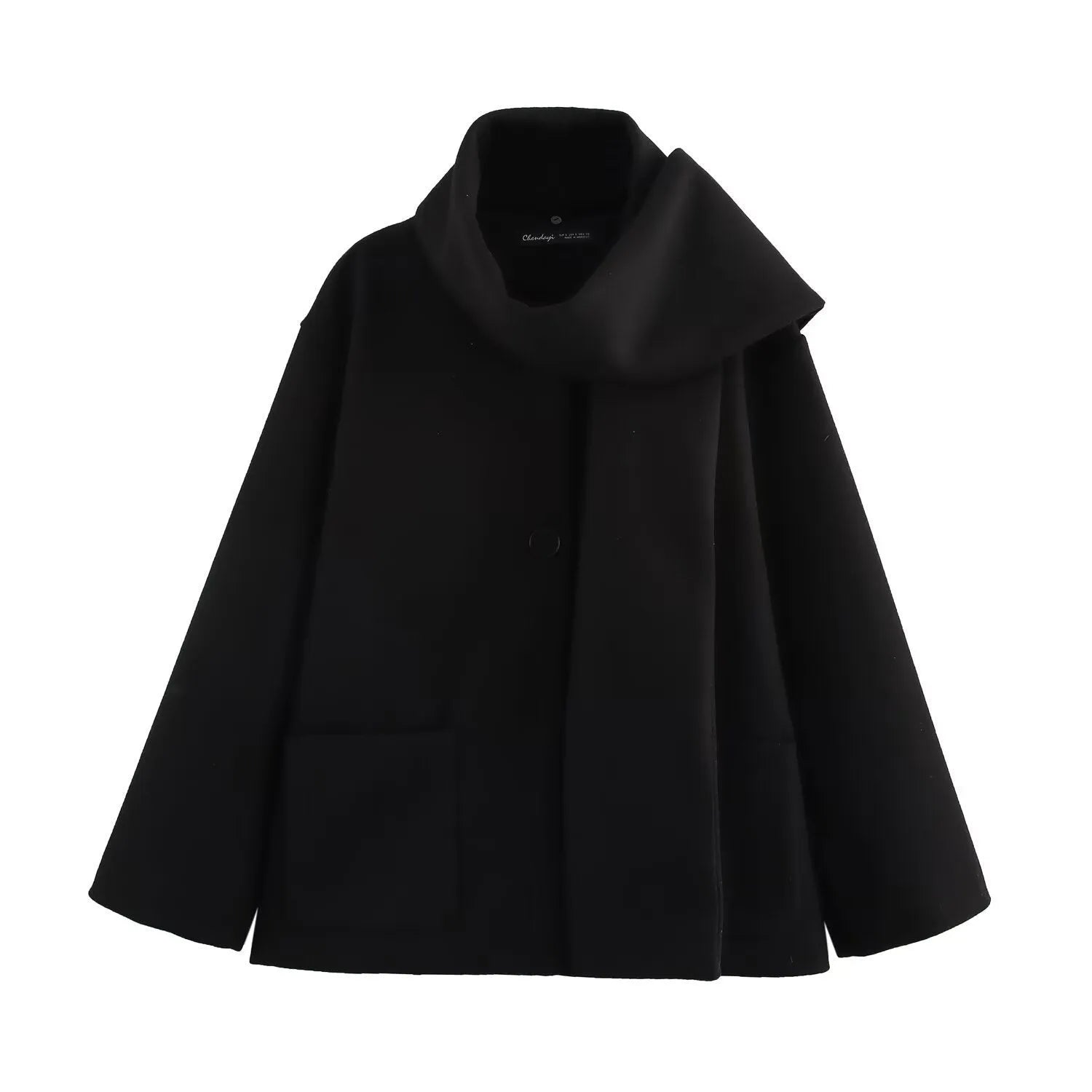 Women's long black polyester coat with a fluffy artificial fur collar, side pockets, and a street-fashion silhouette.