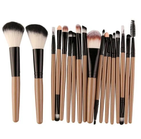 18-piece makeup brush set with fan-shaped tools in multiple styles for professional and home makeup application