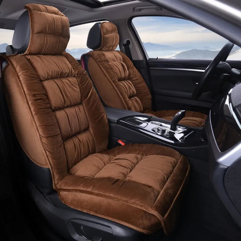 Winter short plush car seat cushion set in grey, showing wool cotton filler and polyester cover.