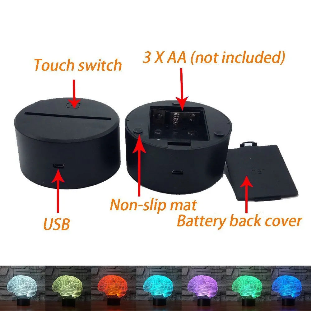 3D acrylic brain illusion LED lamp with colour changing modes and remote control on desk