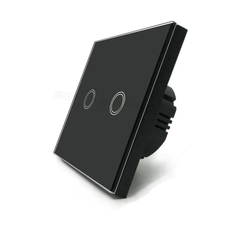 Type 86 touch-sensitive light switch with tempered glass panel in black, golden, or white.