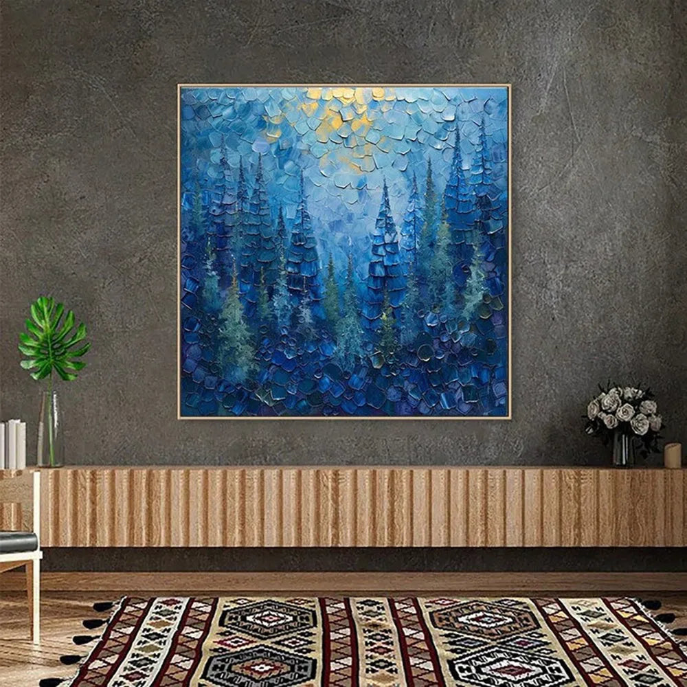 Blue mysterious forest tree abstract landscape hand painted oil painting on canvas, square size, no frame, for living room decor