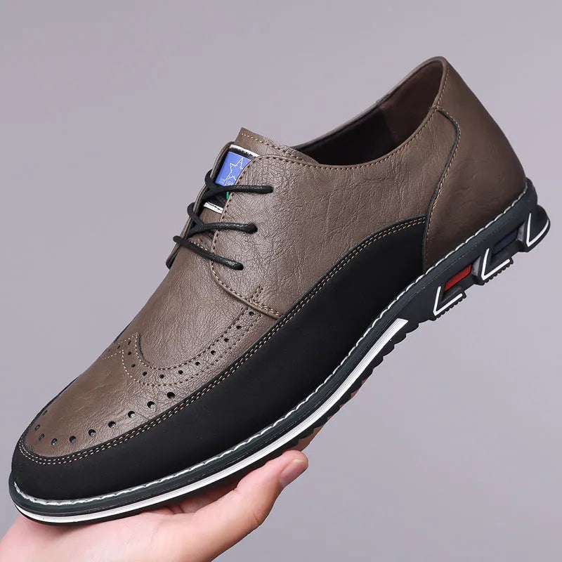 Men's black casual leather shoes with a rubber sole and leather toe cap.