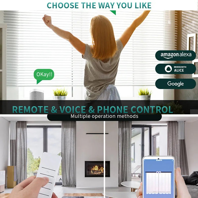 Smart curtain electric system with aluminium track, rechargeable lithium battery motor, and remote control for WiFi voice operation