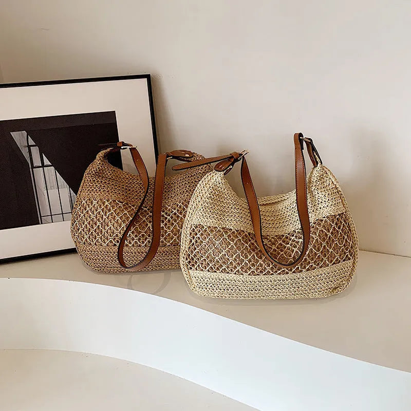Women's casual straw cross body bag in khaki colour with horizontal square design and outer sandwich pocket