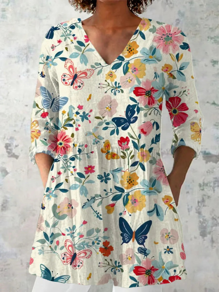 Women's retro slim fit printed long-sleeved top in polyester fabric with digital printing design
