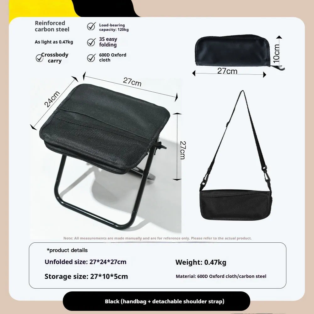 Foldable outdoor camp stool in oxford cloth shown in a khaki colour, folded compactly.