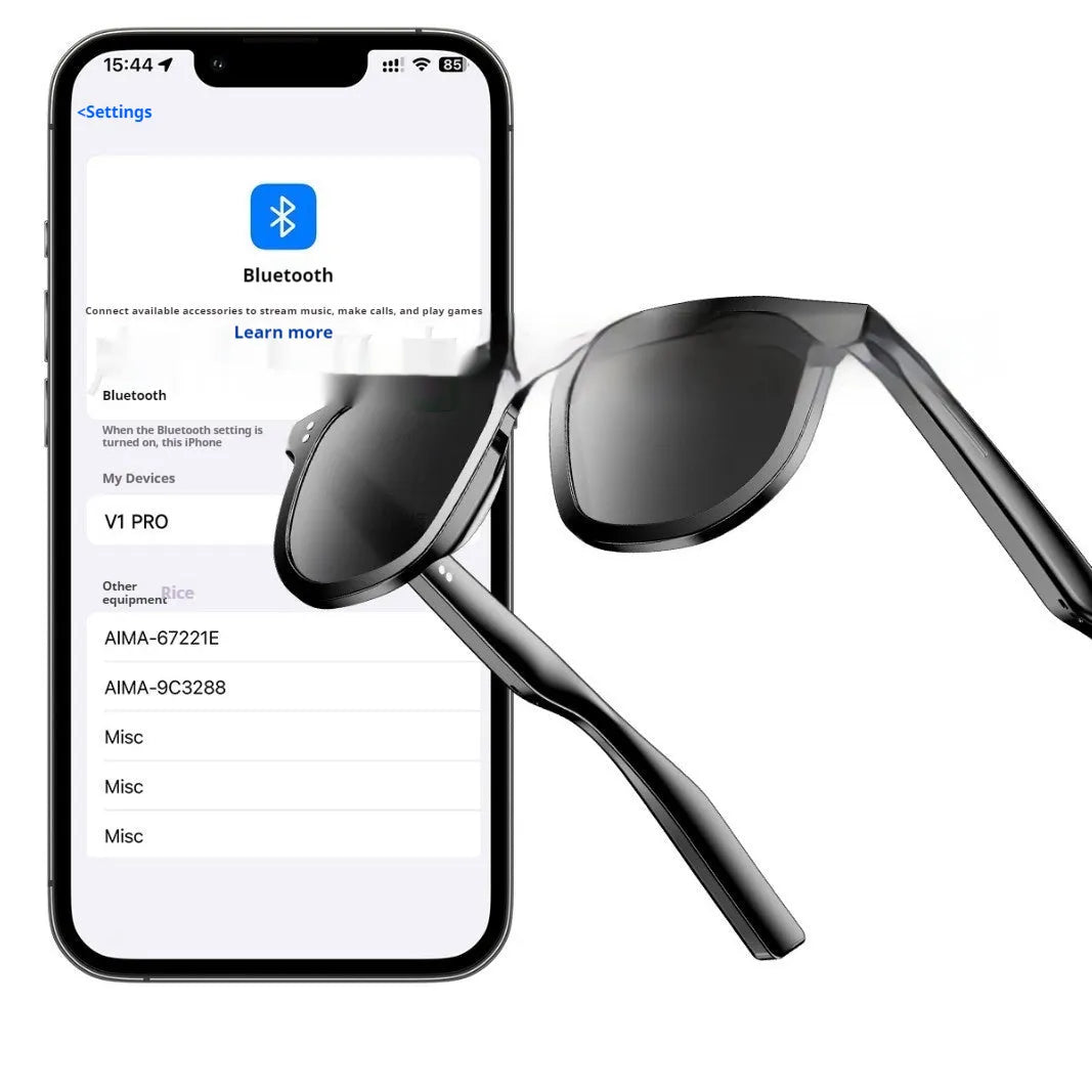 Black AI smart Bluetooth sunglasses with touch controls on the frame for audio functions.
