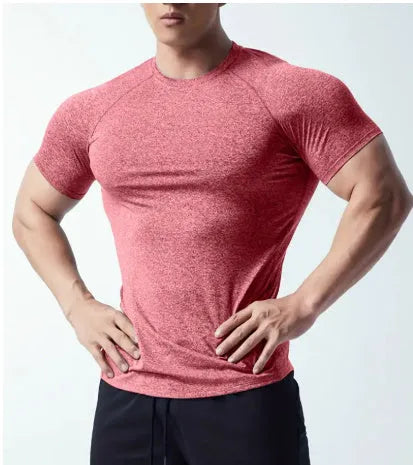 Men's quick-dry stretch running t-shirt in black, gray, green or pink with round neck and short sleeves