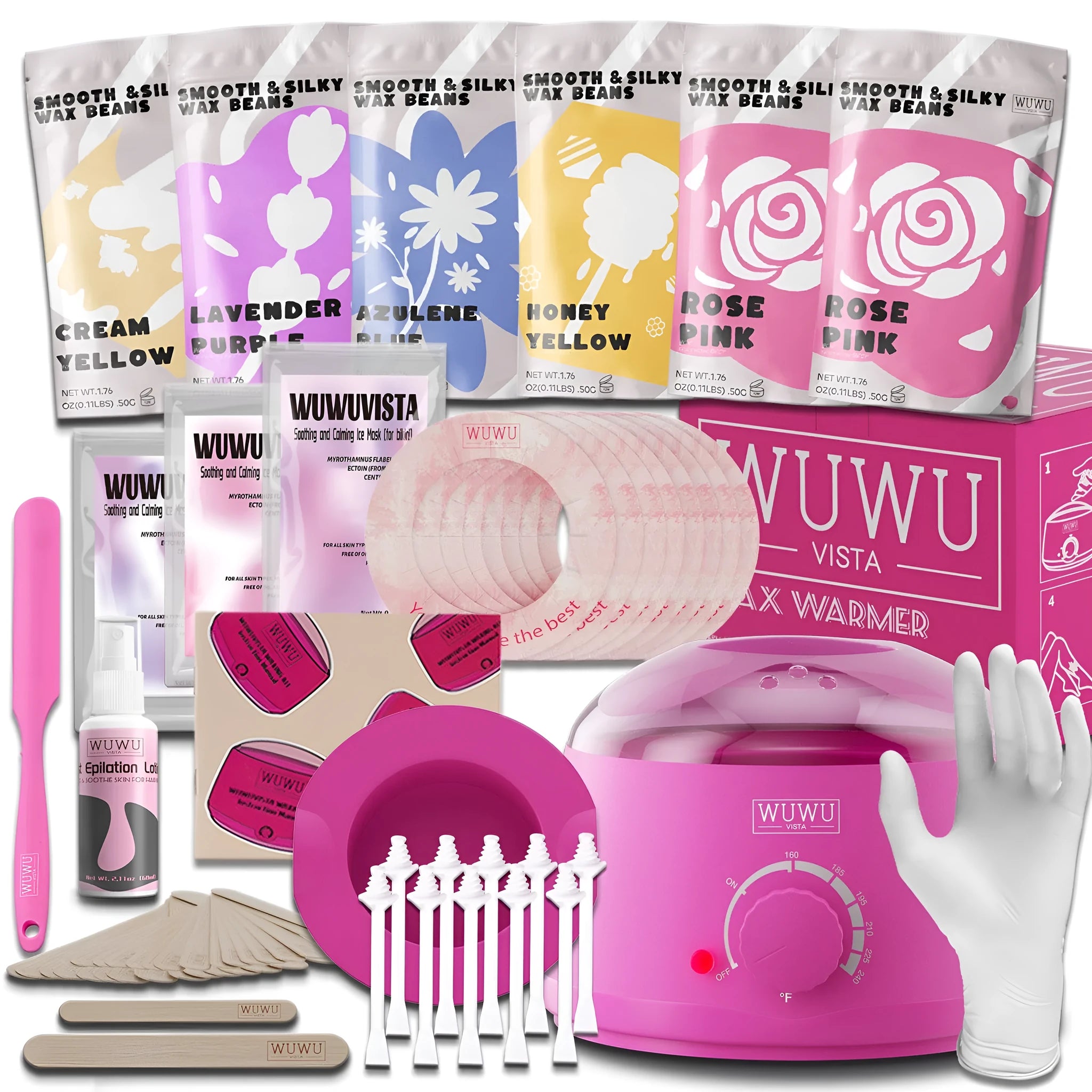 WUWUVISTA 56-piece professional hard wax hair removal kit with wax warmer, beads, applicators and aftercare products