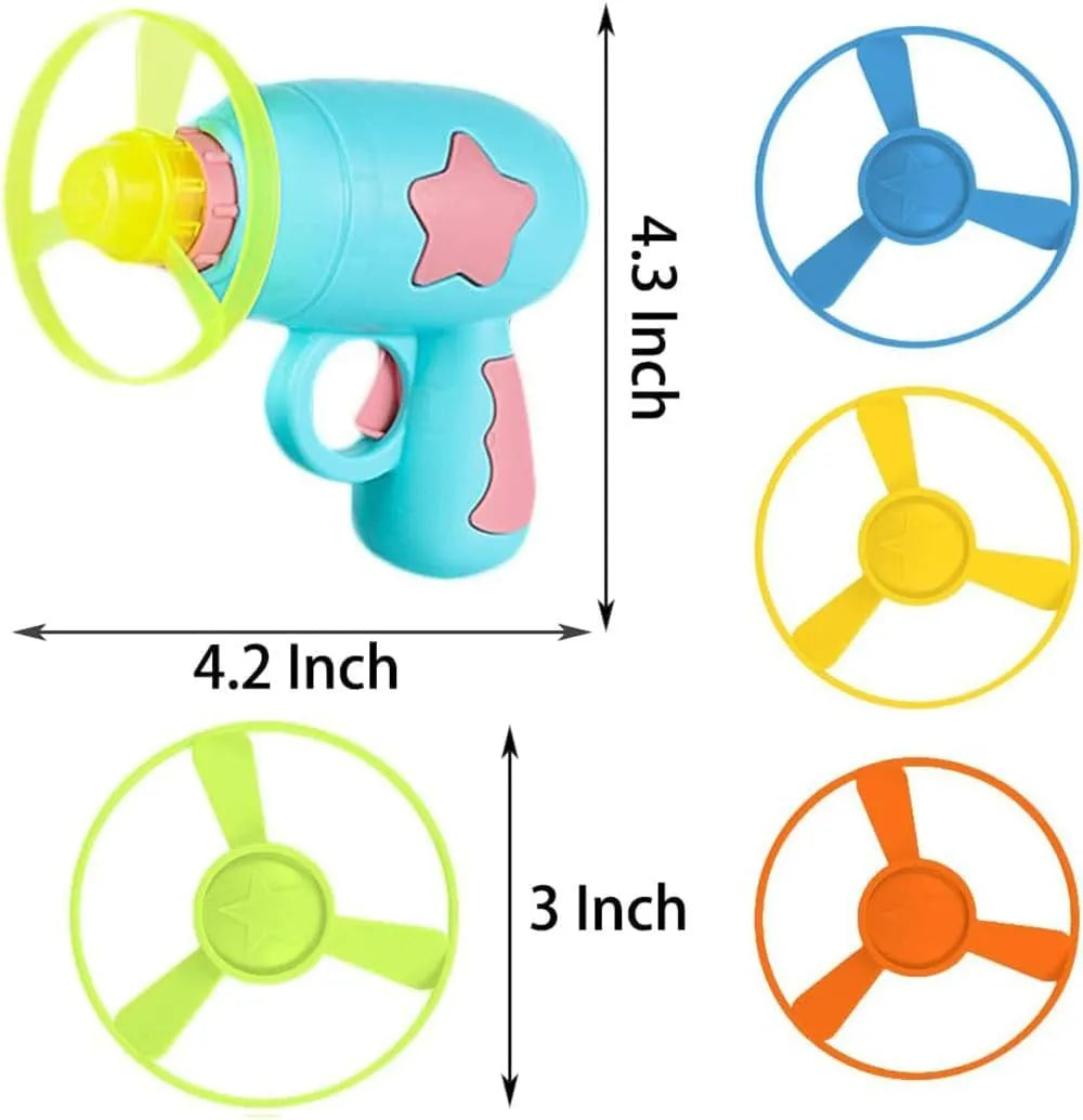 Blue interactive cat toy gun with plastic frisbee mounted ready for launching