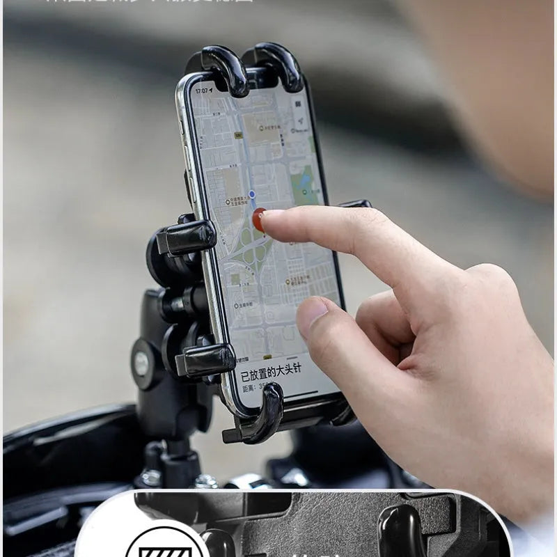 Aluminium alloy motorcycle phone bracket with eight claws and shock-absorbing mirror seat option