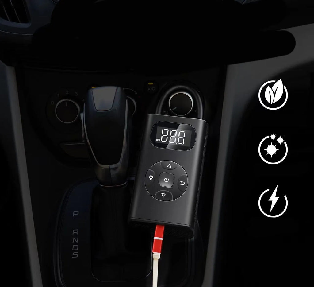 Black M09X digital portable tyre inflator with display, USB port, and 16 cm tube on a grey background.