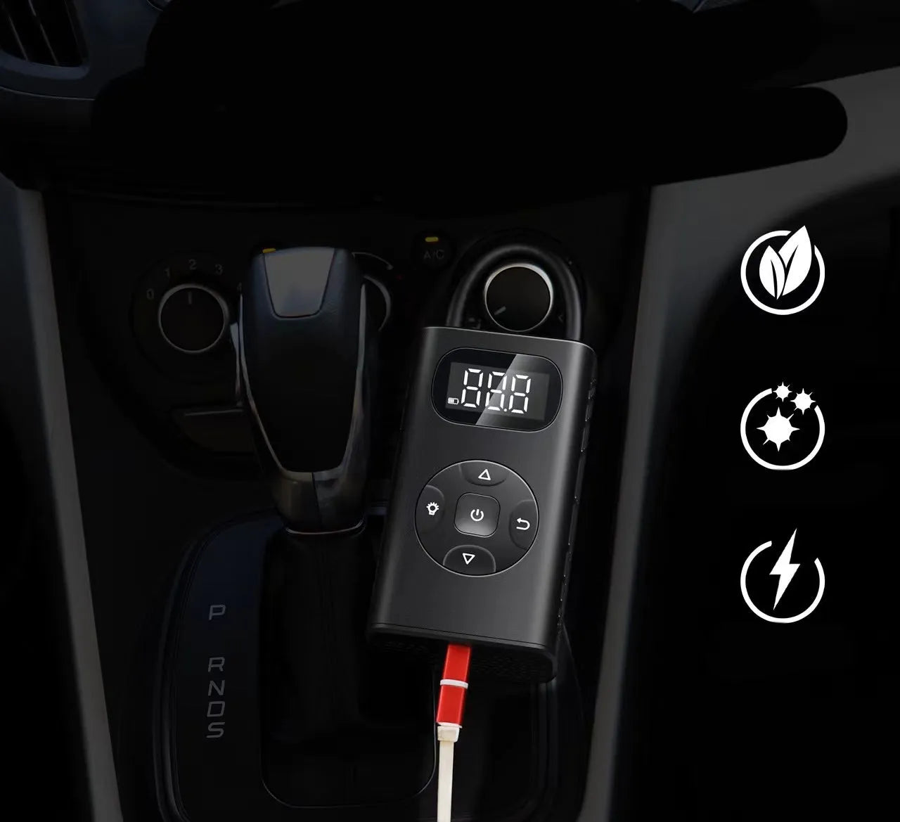 Black M09X digital portable tyre inflator with display, USB port, and 16 cm tube on a grey background.