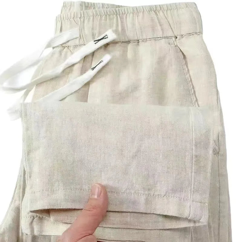 Pure linen blend Chinese style straight leg trousers with elastic drawstring waist in neutral colours
