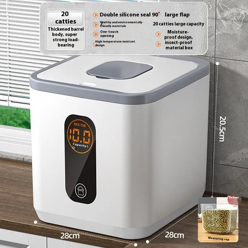 Grey plastic rice storage jar with airtight lid and measuring cup in 10kg, 20kg, and 30kg capacity options