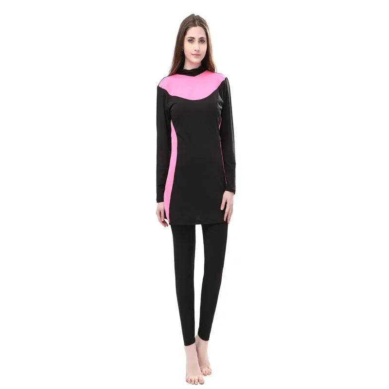 Women's black hooded long sleeve swimsuit with rose red accents, shown as separate top and pants