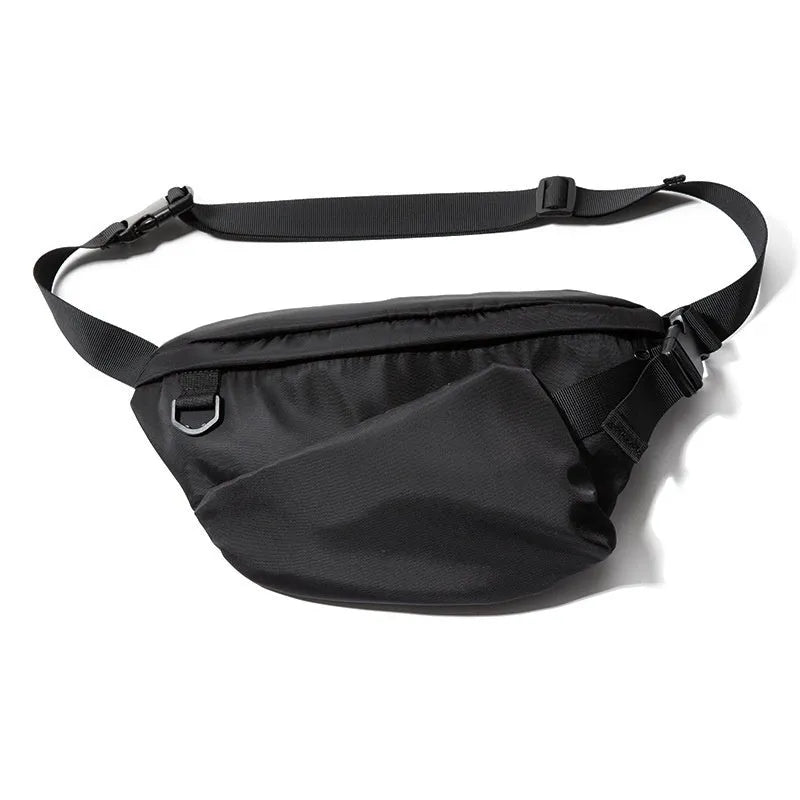 Black men's 8-inch slanted chest bag made from Oxford fabric with visible sewing line details