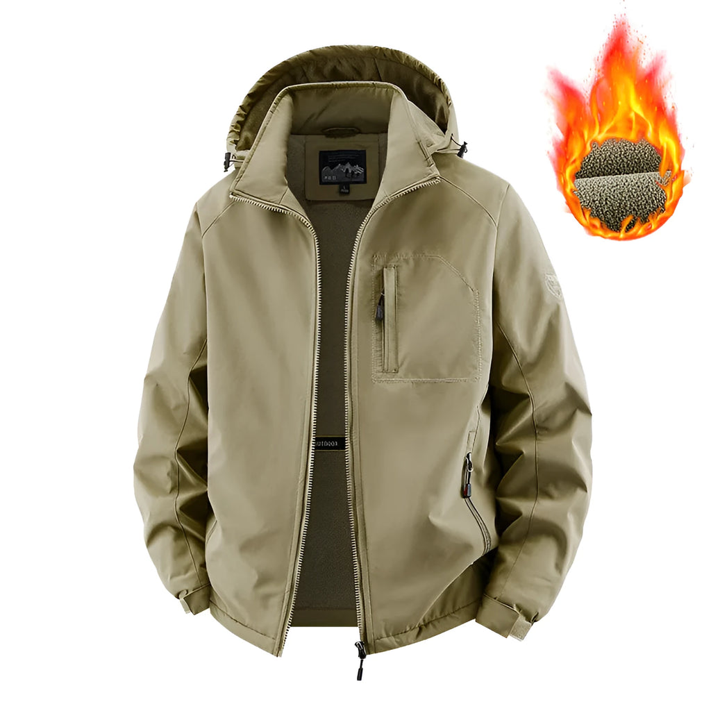 Men's detachable hooded thickened cotton jacket in khaki with fleece lining, straight hem, and polyester fibre construction