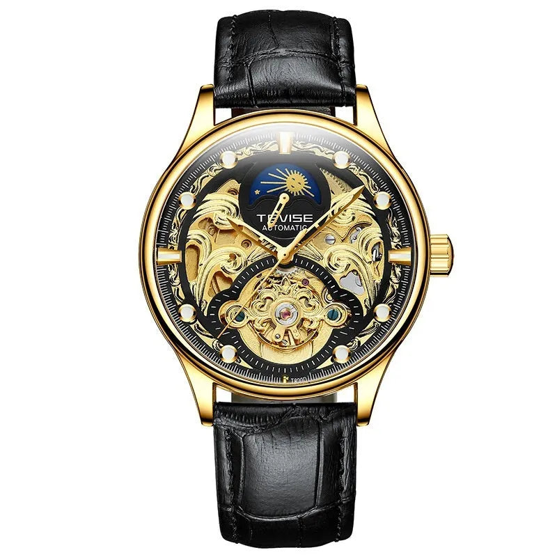 Men's gold and white leather strap automatic mechanical watch with 16mm thick case