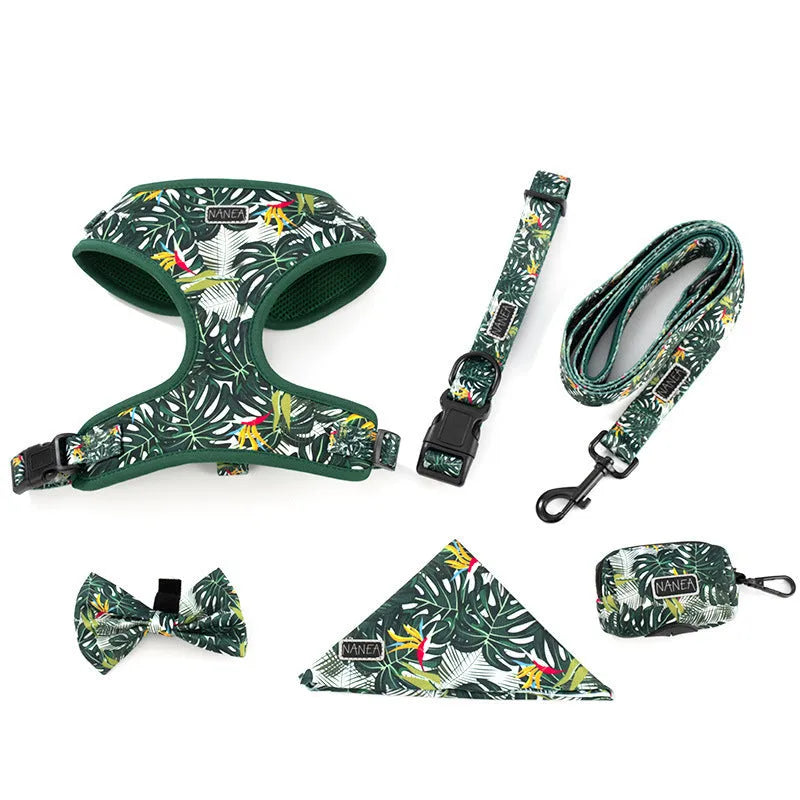 Six-piece dog harness set with adjustable vest, haulage rope, collar, waste bag, bow tie and triangular binder