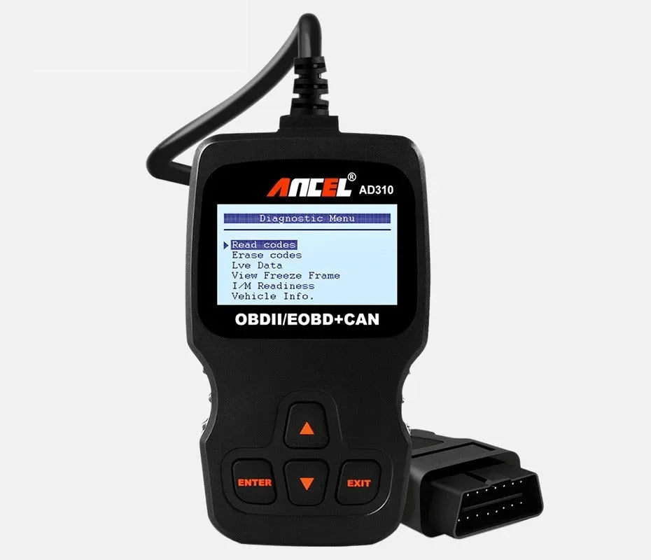 Black universal auto scanner code reader for OBD2 engine fault detection with 12V power supply