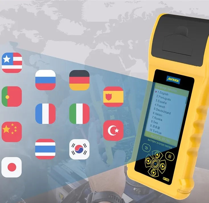 Autool BT760 vehicle battery diagnostic tool with colour screen, clips, and printed test receipt.