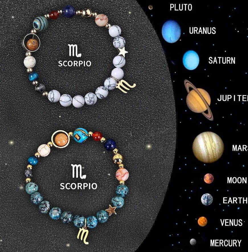 Two natural stone beaded bracelets with adjustable cords on a surface, representing a zodiac sign jewellery set.