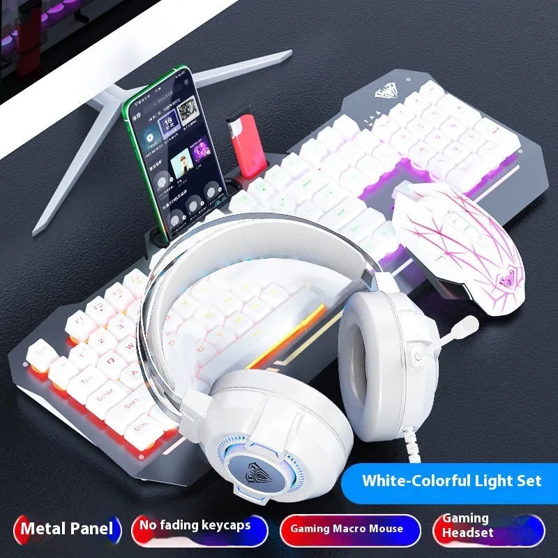 Black and white wired keyboard mouse headset bundle for desktop computer setups