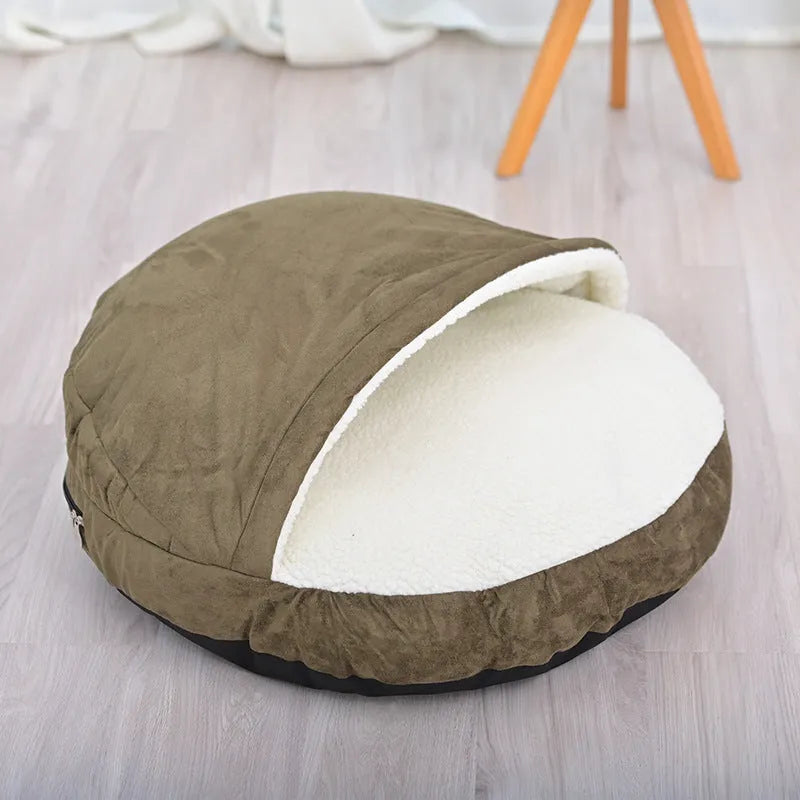 Brown removable cloth dog kennel bed shown in a small S size on a wooden floor.