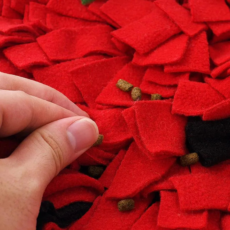 Red and green strawberry-shaped snuffle mat for dogs and cats on a floor.