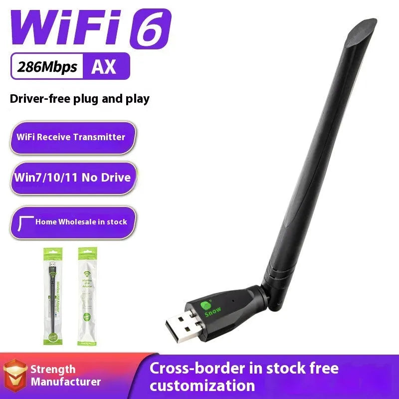 Black USB WiFi6 wireless network card with driver-free operation for computer connectivity