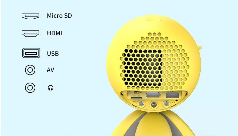 YG220 white and yellow LED projector showing adjustable 24-80 inch screen size projection