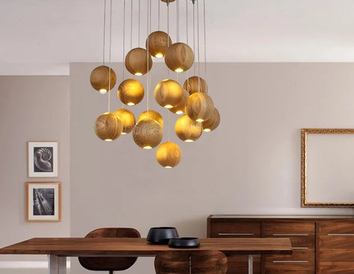 Nordic style solid wood ball chandelier with adjustable height ceiling installation
