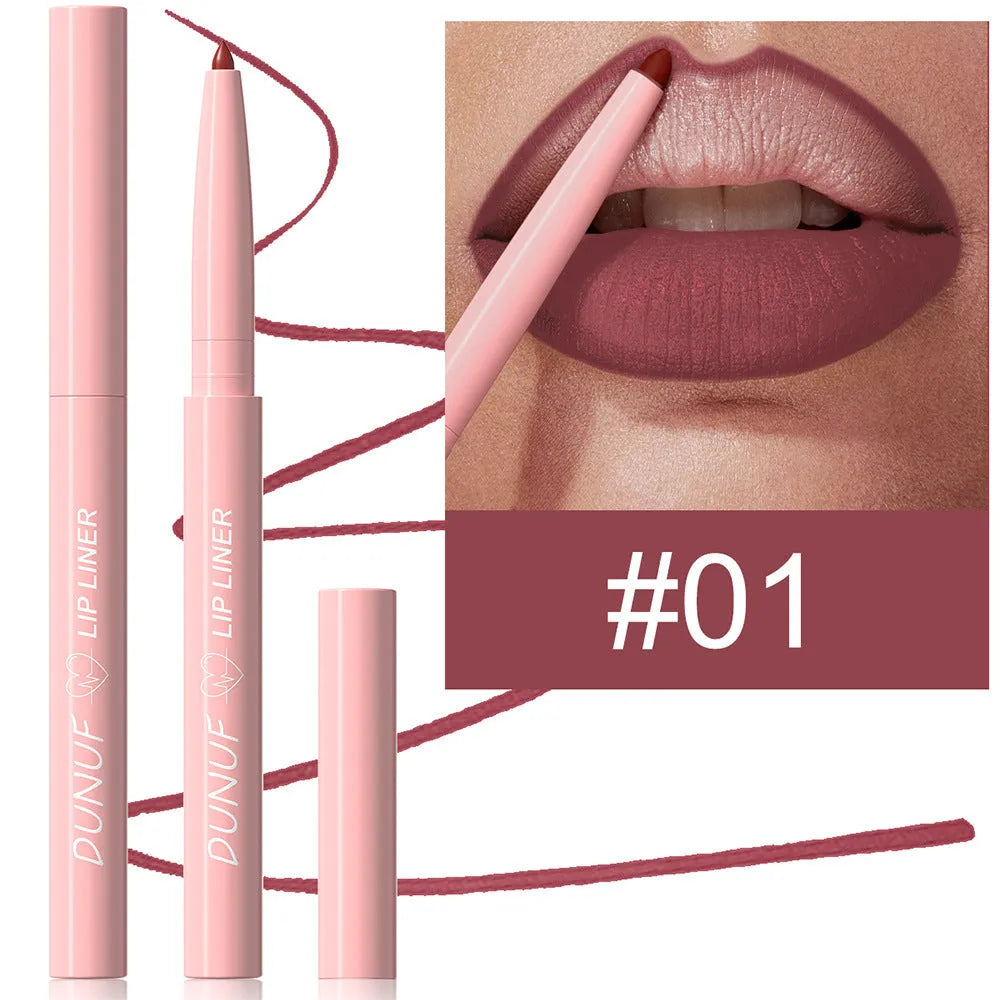 Velvet matte lip liner pencil in a choice of 12 colours for easy application.