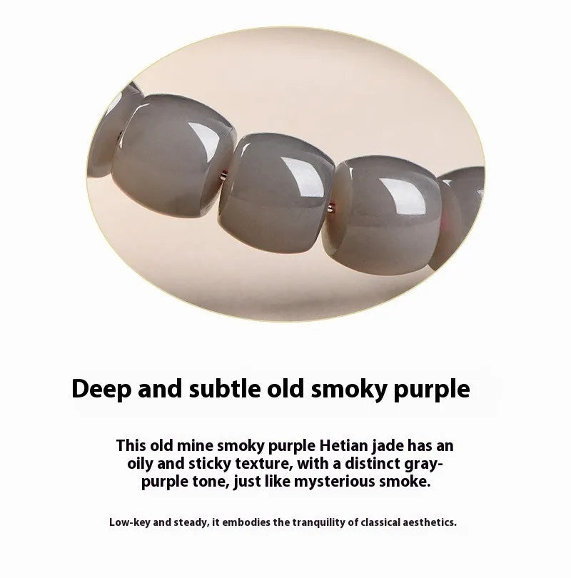 Straight cut smokey violet Hetian jade bracelet with approximately 24 beads, each 8mm by 9mm.