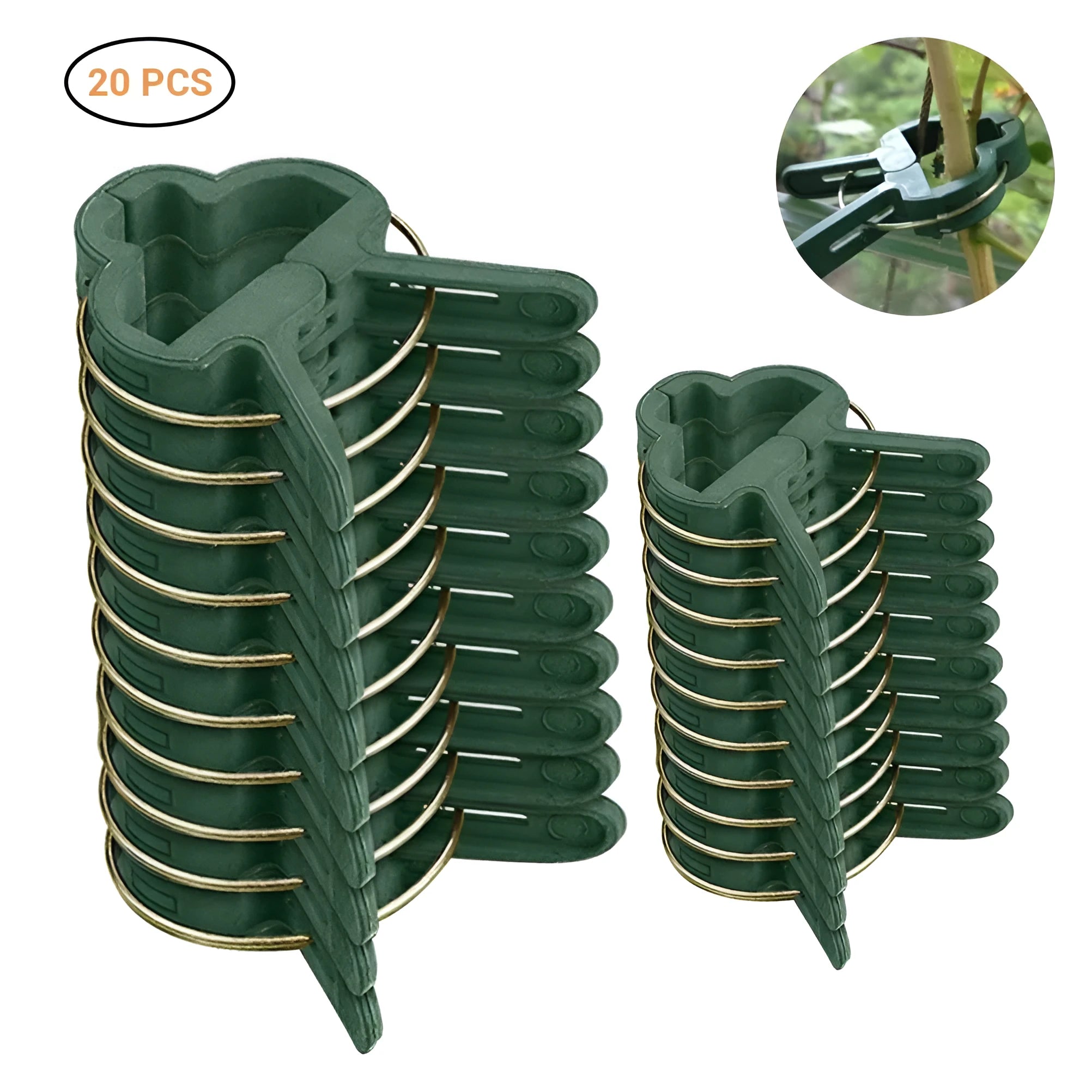 Green plastic plant fixing clips for supporting climbing vegetables like tomatoes and cucumbers