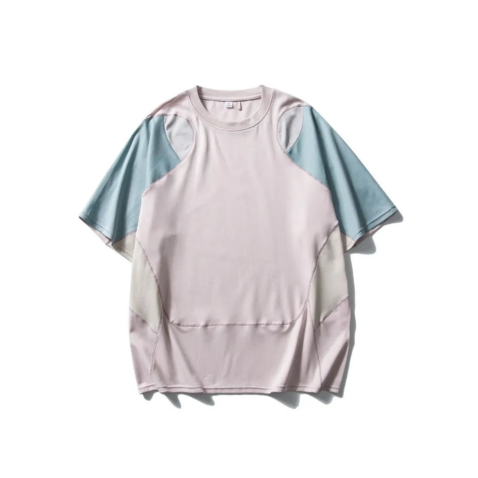 Men's patchwork contrast colour loose-fit sports T-shirt with raglan short sleeves.