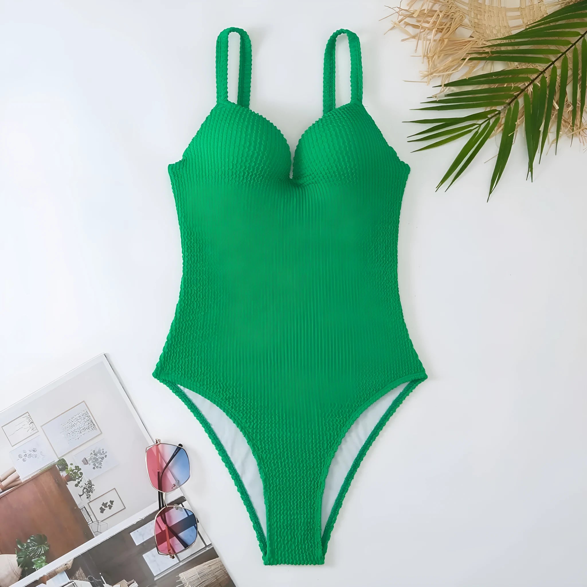 Women's sleeveless one-piece swimsuit with sunk stripe pattern in polyester fabric