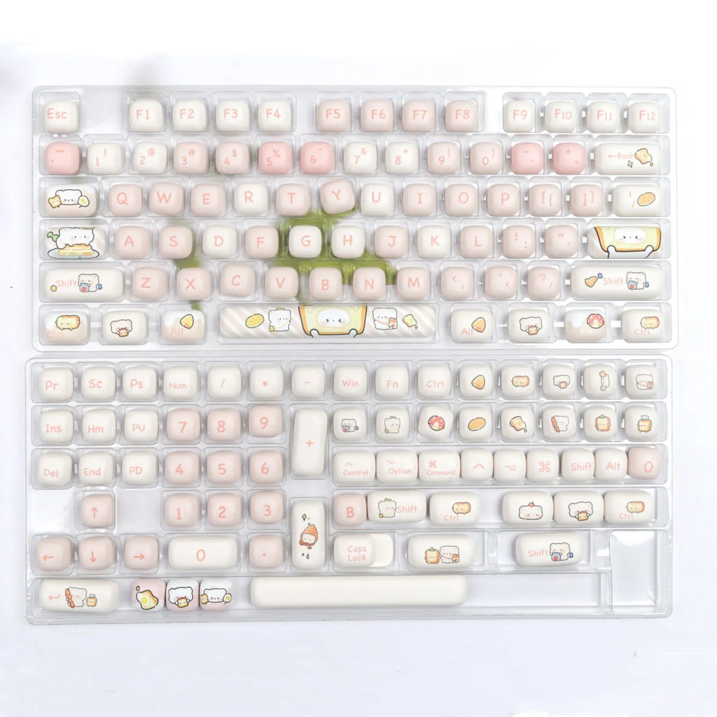 MOG Steamed Bread PBT key cap set with Bread Bear character design showing 143+3 keys for mechanical keyboards