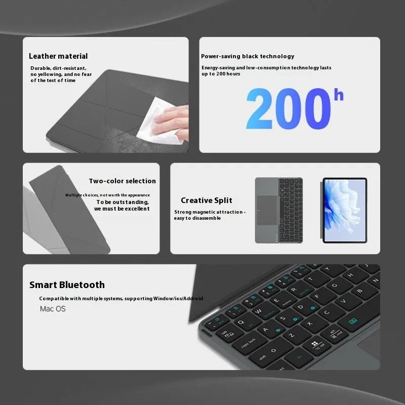 Grey folding Bluetooth keyboard with phone stand extended, showing compact folded size