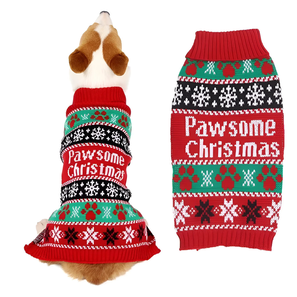 Red high-neck contrast colour acrylic sweater for dogs on a white background, sizes XS to XL