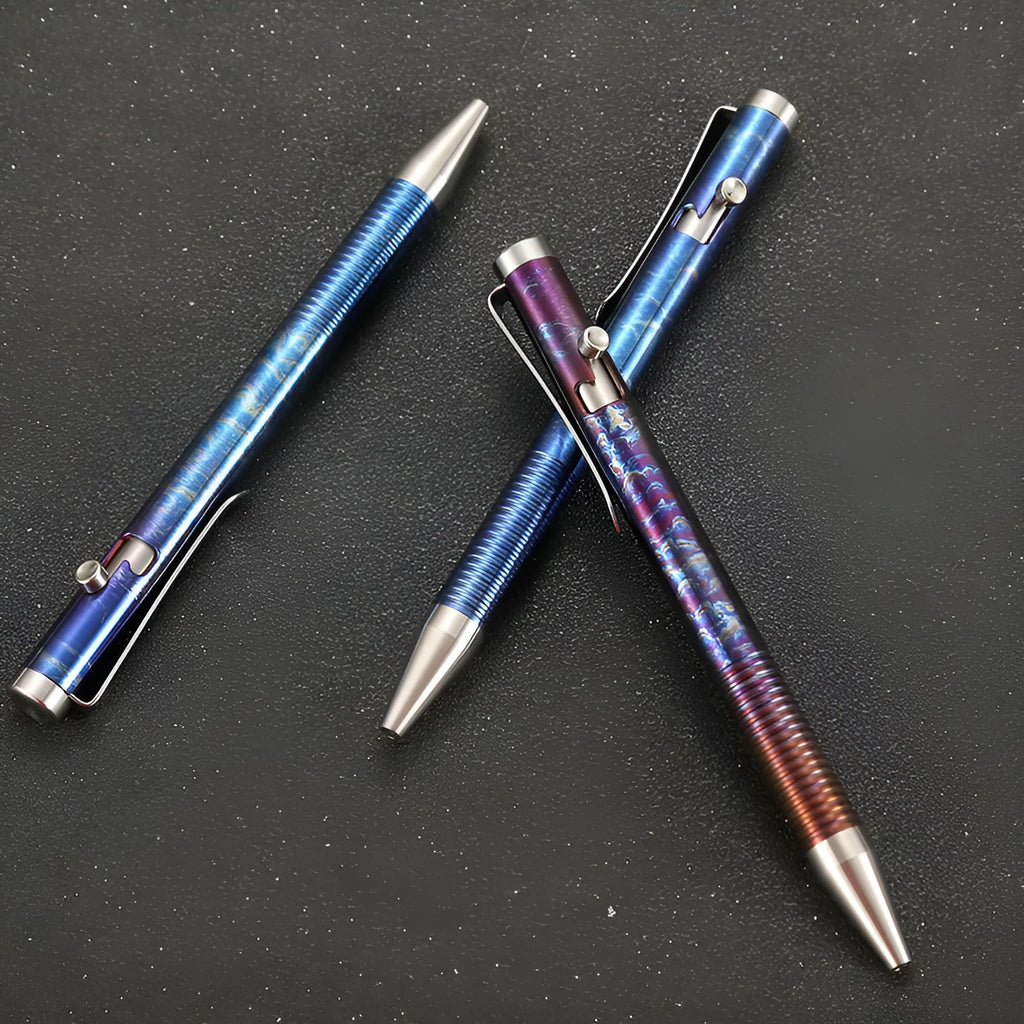 Titanium alloy ballpoint pen with magic color phantom finish and gun bolt handle design, 122mm length