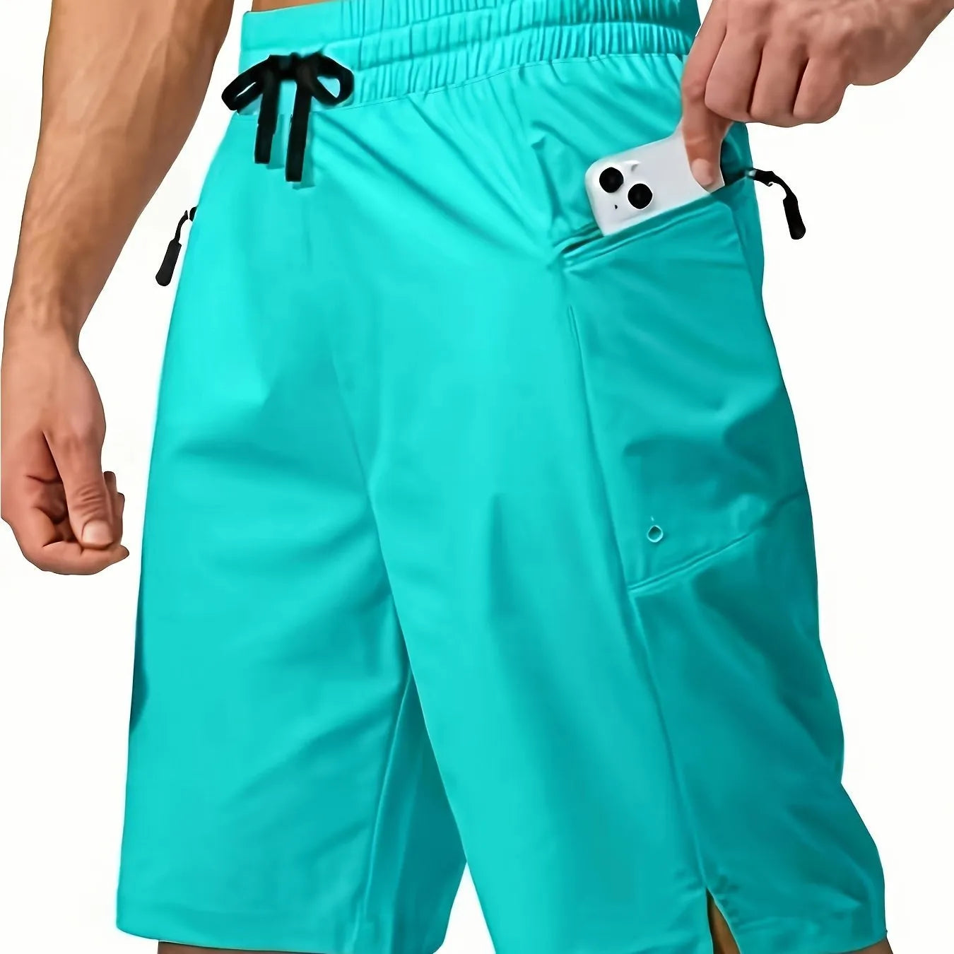 Men's solid colour quick-drying polyester beach shorts in straight leg cut