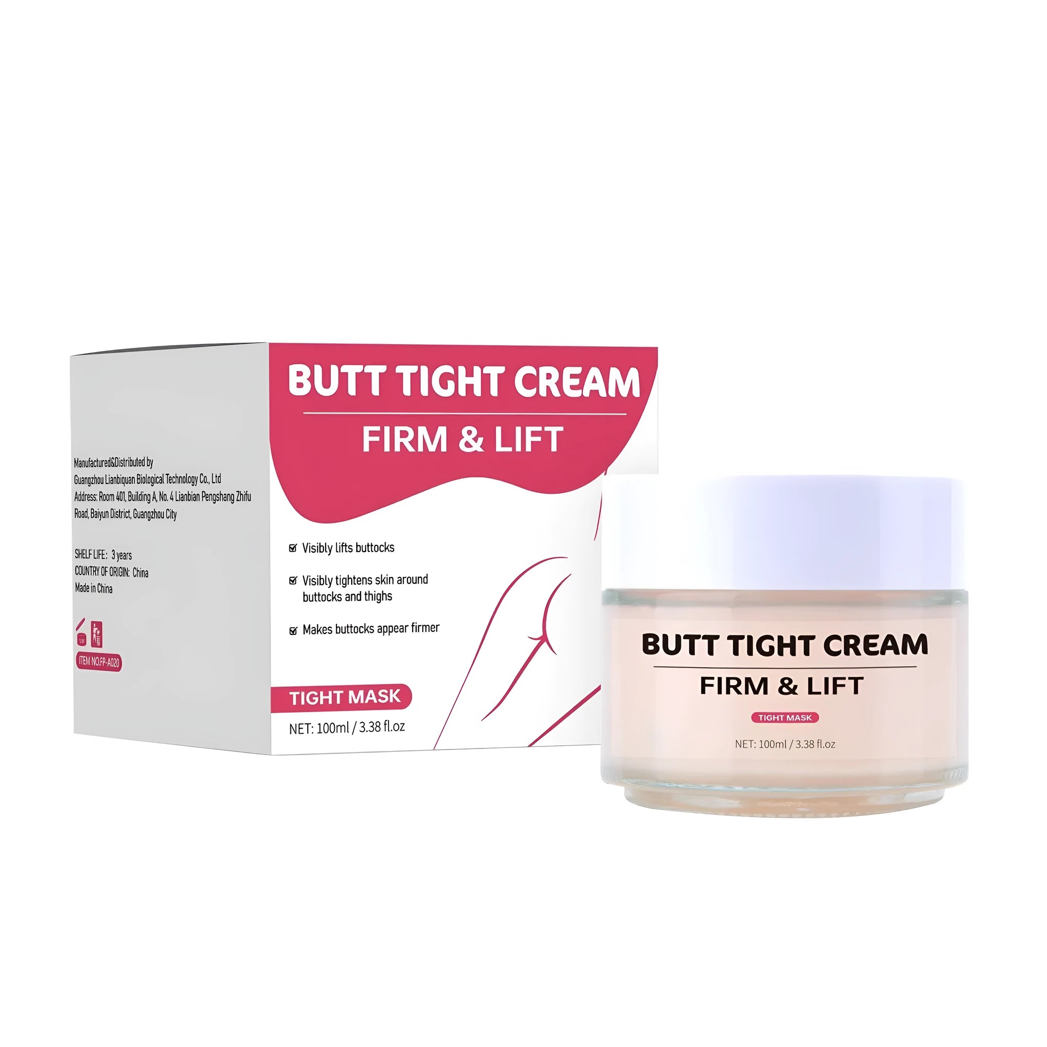 100ml tube of hip tightening cream for firming and nourishing skin on buttocks and thighs.