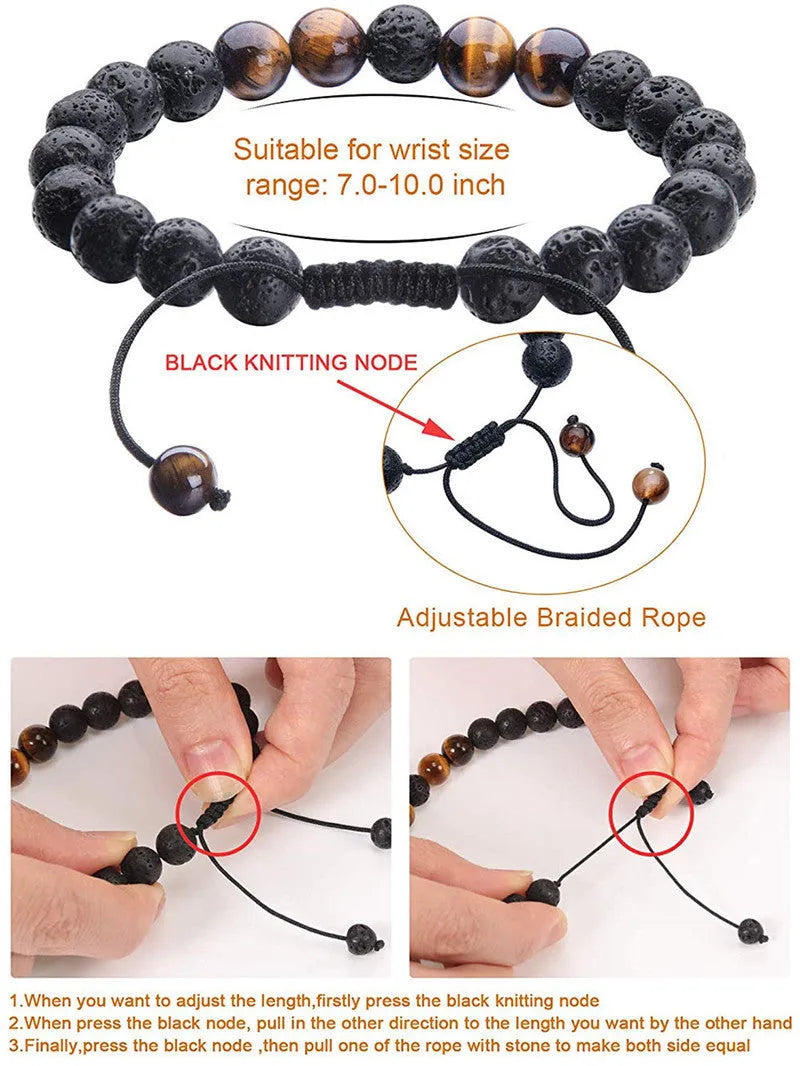 Geometric matte black agate couple bracelets with tiger eye beads, shown as a matching set.